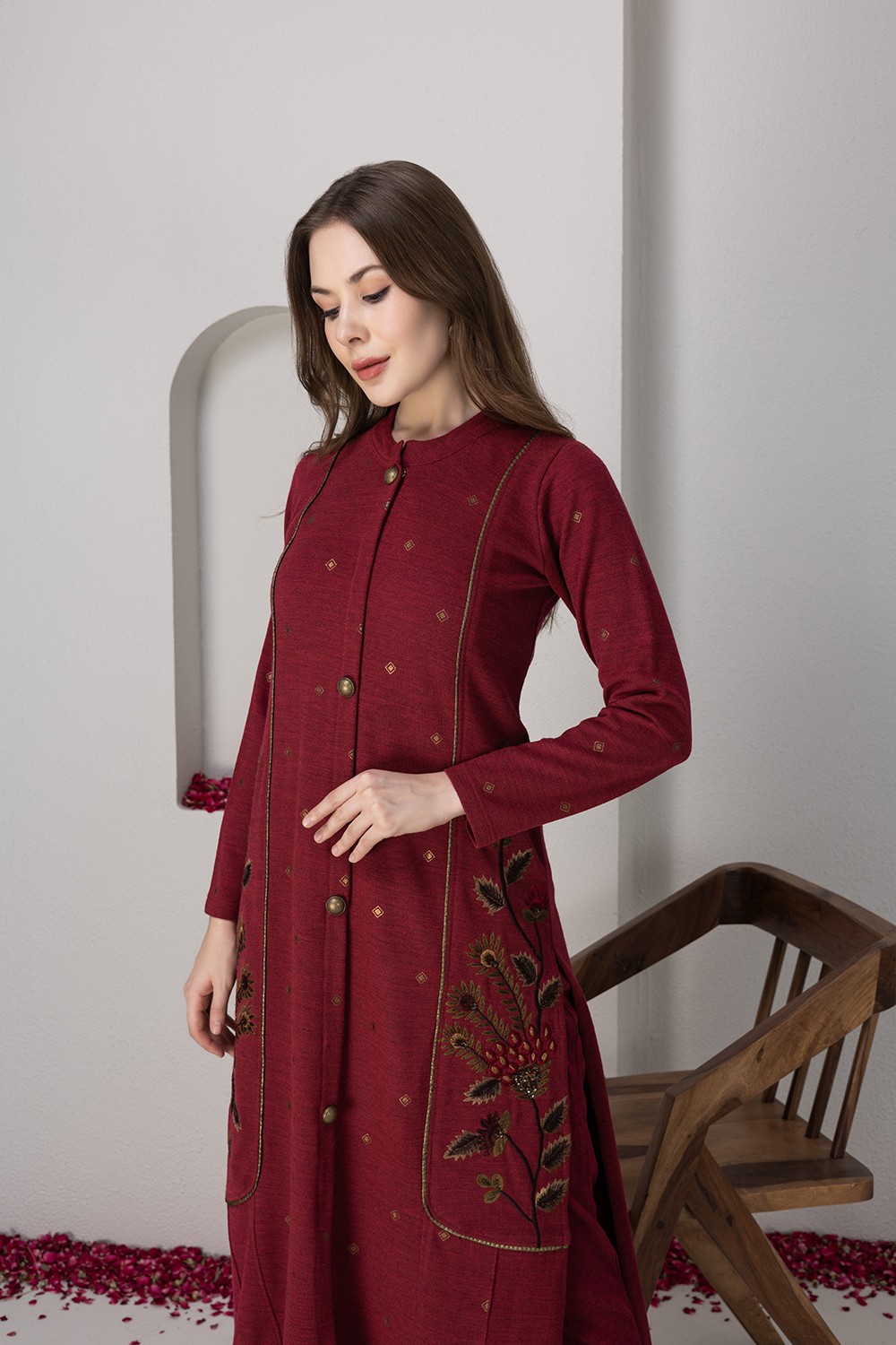 RED KNITTED KURTA SET